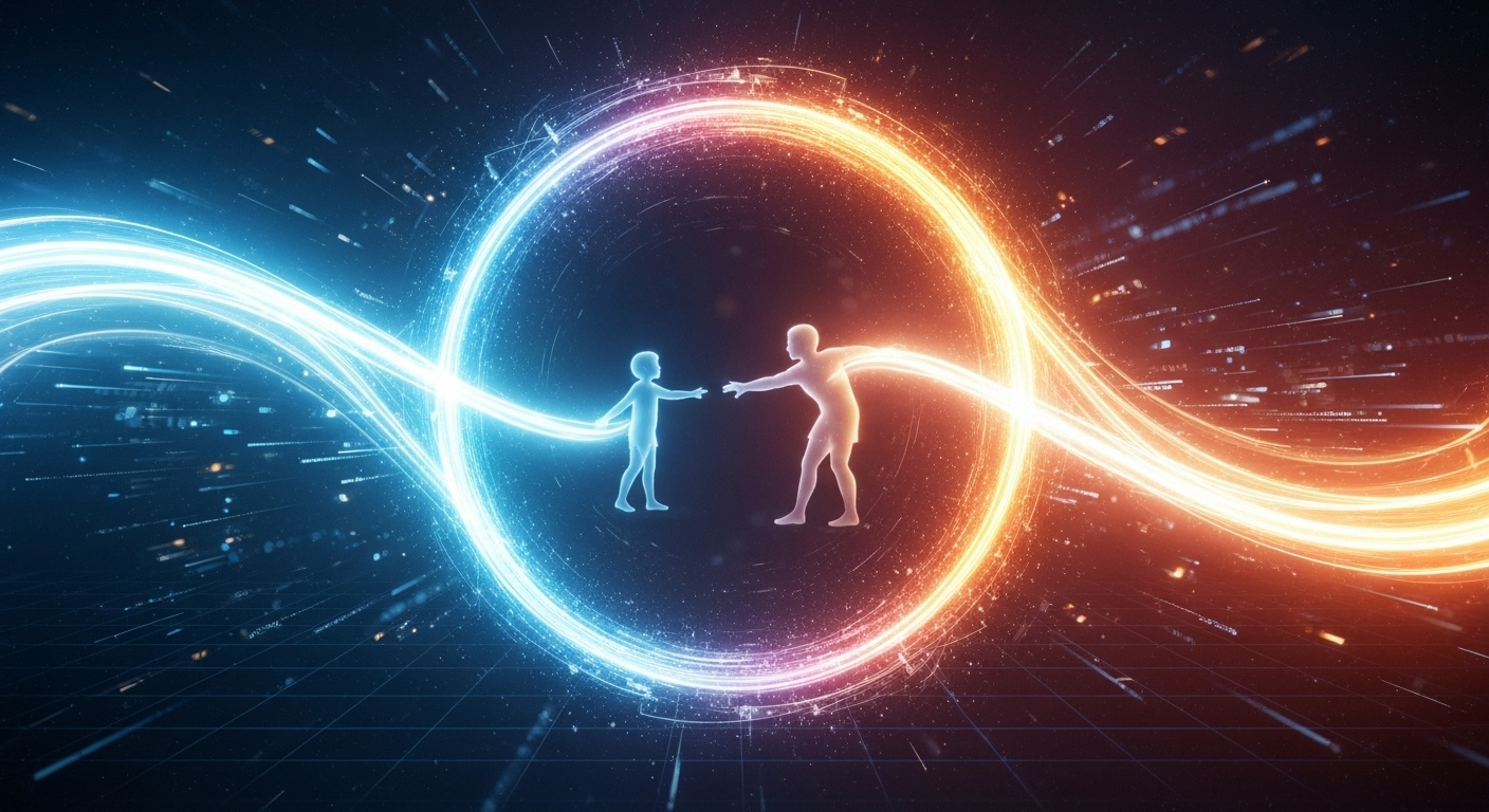 A conceptual digital illustration of two glowing energy streams, representing different timelines, merging through a futuristic portal, with faint silhouettes of an adult and child figure connecting within, symbolizing time travel and self-discovery.