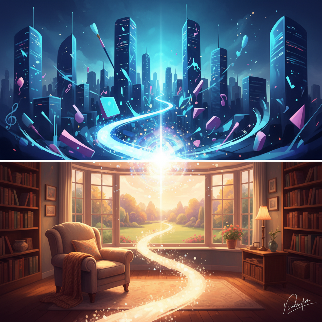 A conceptual illustration showing a radiant path splitting into two divergent realities: a vibrant city representing career and a warm home representing family, symbolizing life's 'what if' choices.