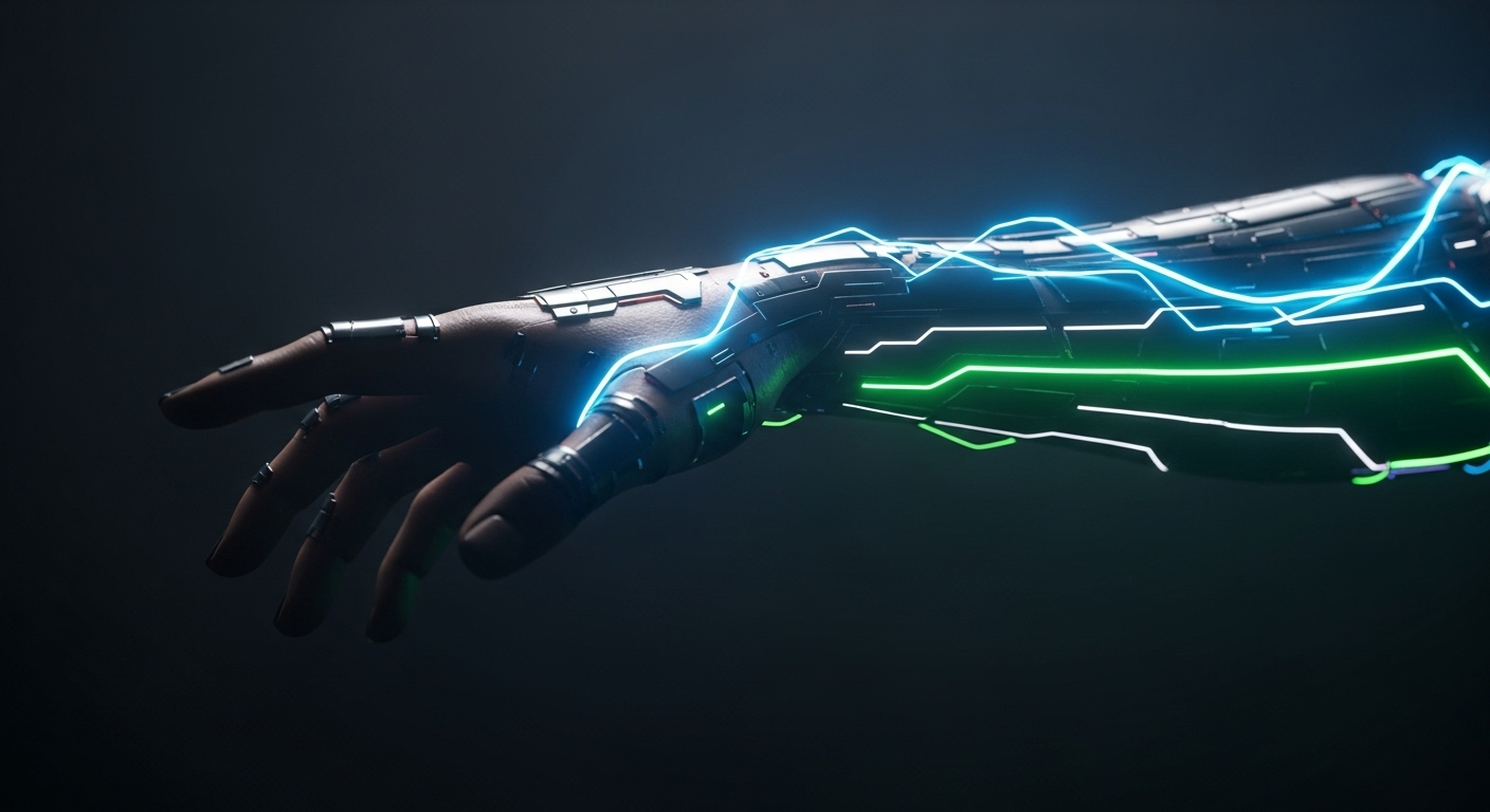 A conceptual image of a human arm integrated with glowing futuristic circuits, symbolizing technological enhancement and control in a gritty sci-fi thriller.