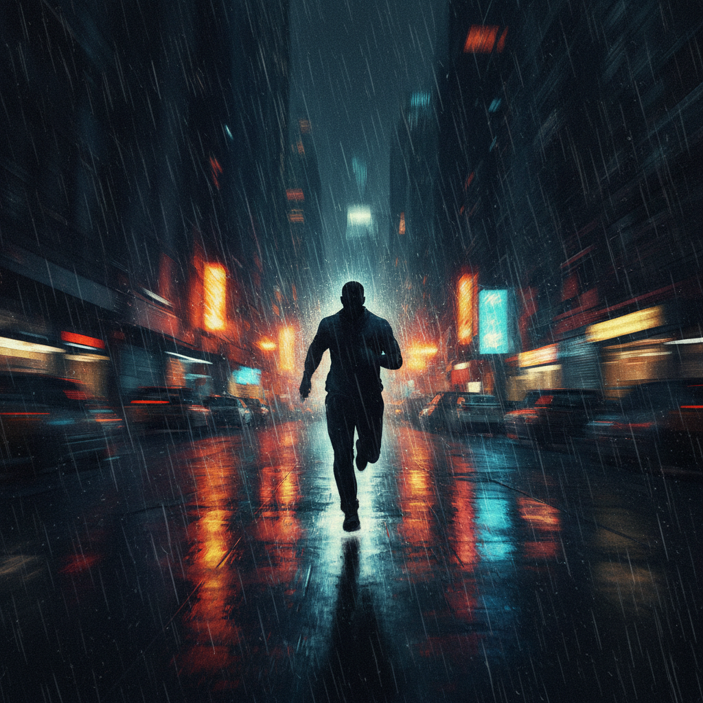 A conceptual image of a silhouetted figure running through a dark, rain-slicked New York City street at night, surrounded by blurred neon lights, conveying urgency and a gritty crime thriller atmosphere.