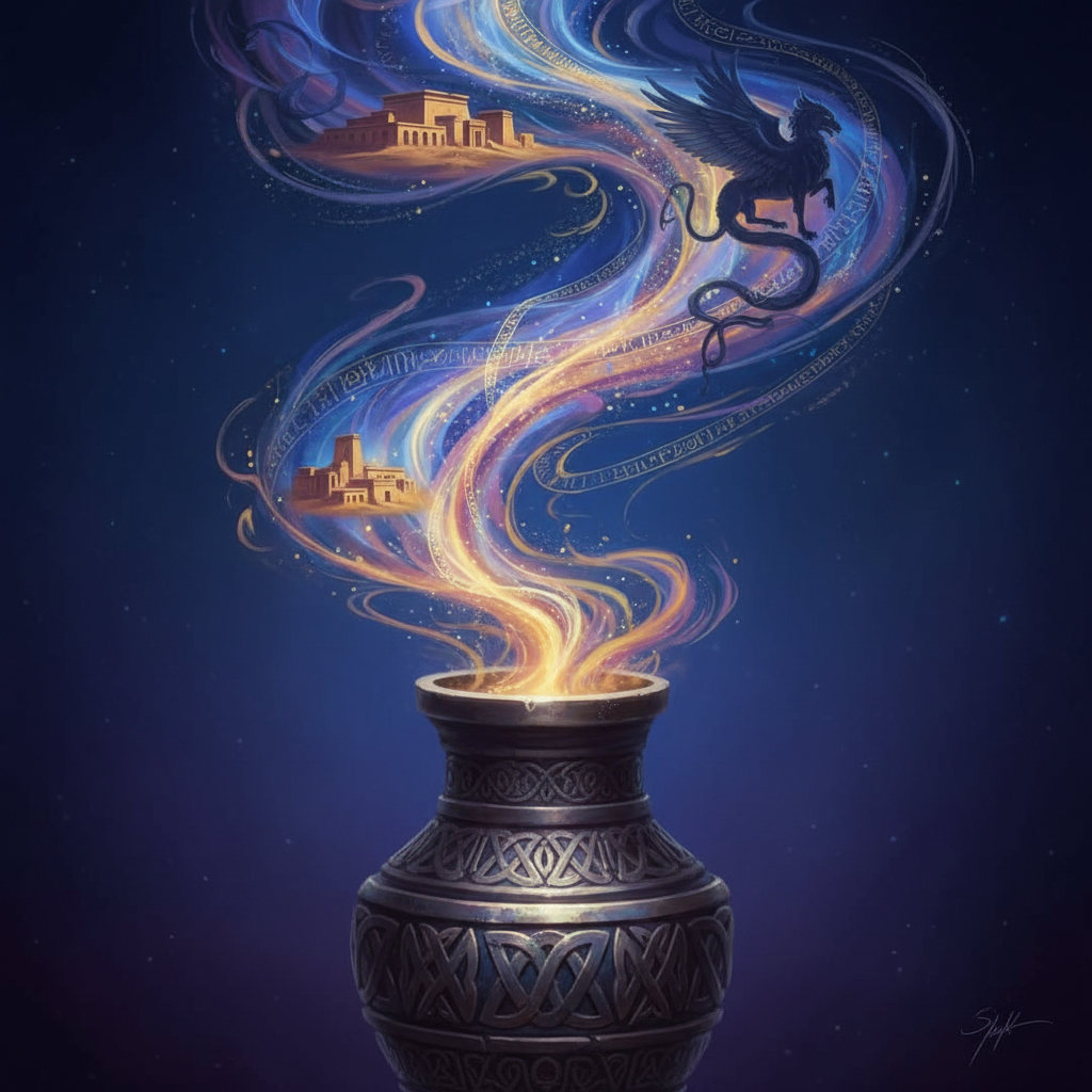 A conceptual image of an antique, ornate bottle releasing a swirling, luminous plume of energy that abstractly forms ancient tales and mythical scenes, symbolizing the epic fantasy of 'Three Thousand Years of Longing'.