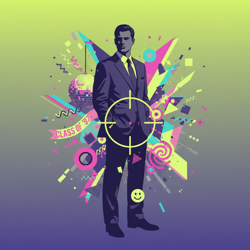 A conceptual vector illustration depicting a suited hitman's silhouette fragmented by colorful 90s high school reunion elements, representing the unique genre blend of Grosse Pointe Blank.