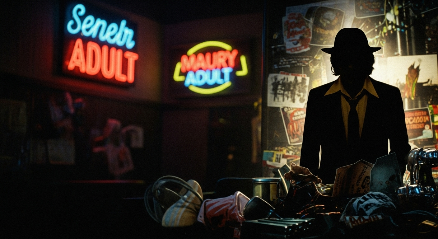 A darkly lit 1970s Los Angeles street scene with neon signs, conveying the film's mature themes, gritty atmosphere, and dark humor.