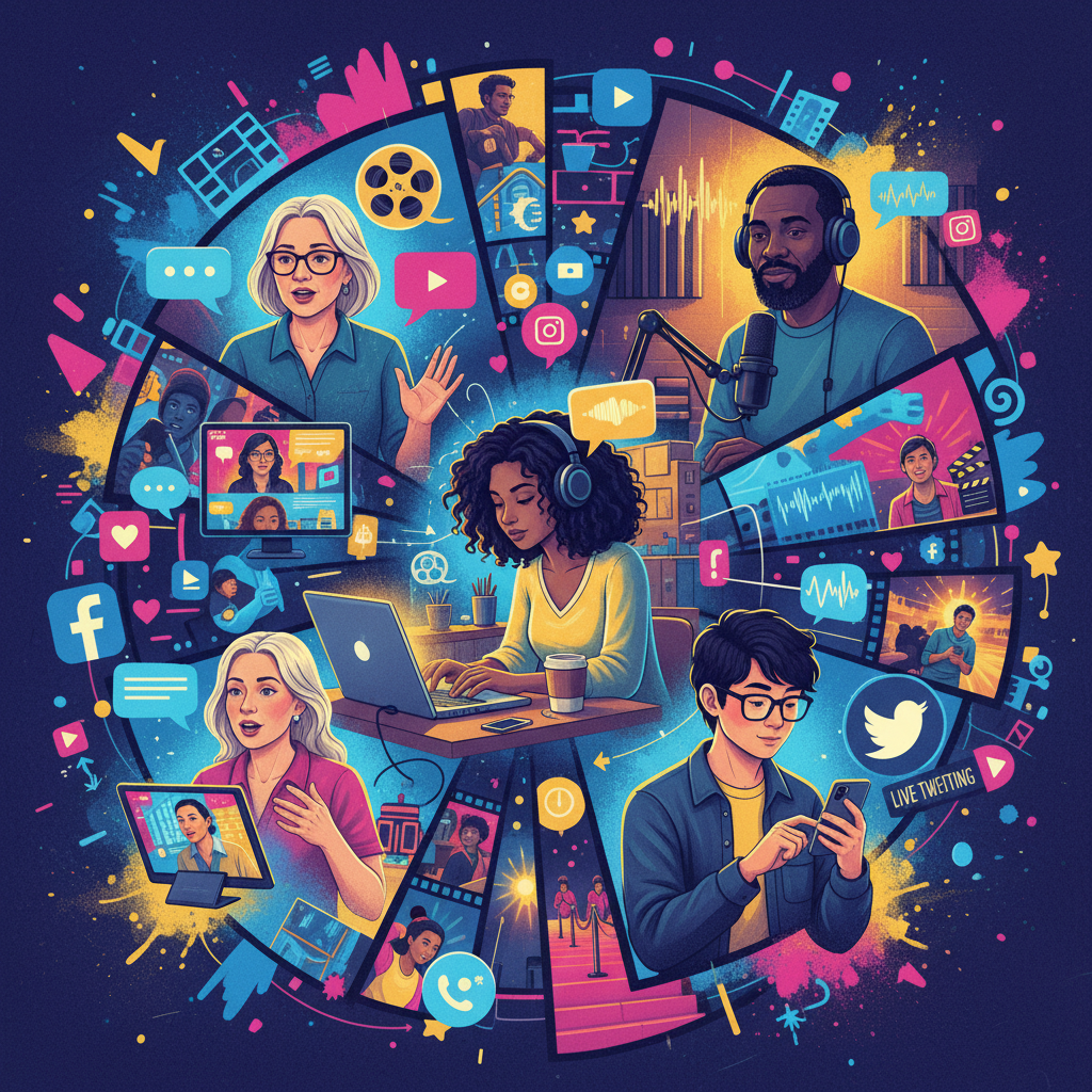 A diverse group of modern film critics engaging with movies through various digital platforms and traditional settings.