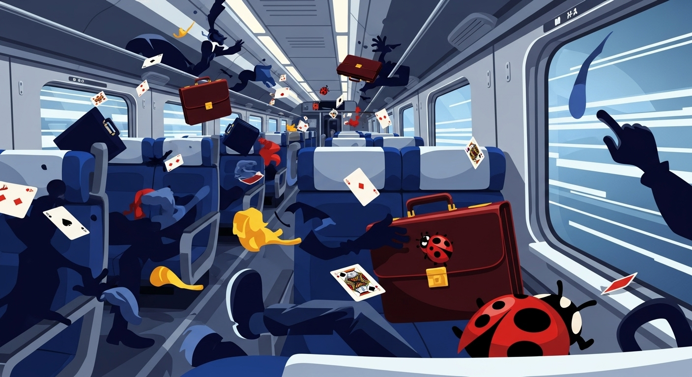 A dynamic graphic novel-style illustration depicting chaotic, humorous action inside a speeding Japanese bullet train, conceptually representing the 'Bullet Train' film.