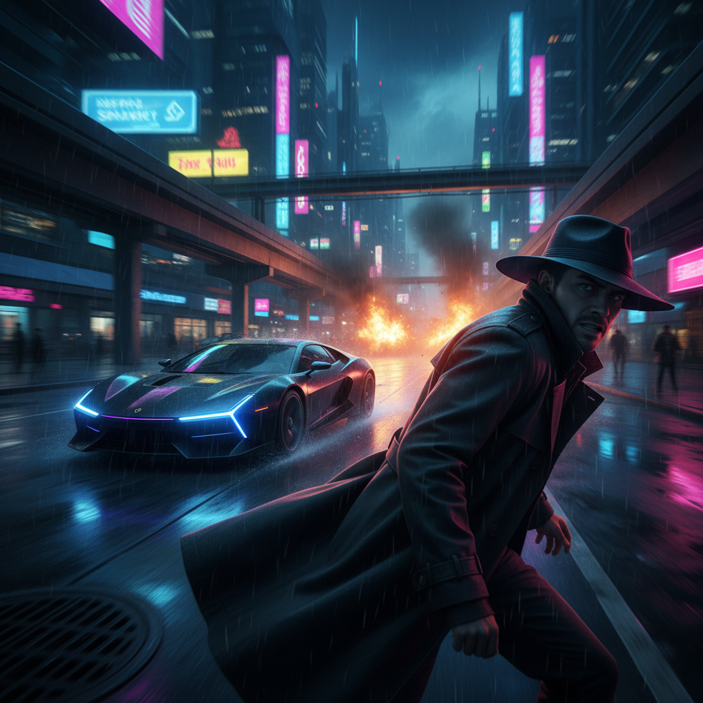 A dynamic, high-contrast image of a speeding car in a neon-lit city at night, with a shadowy figure, representing action and thriller films.