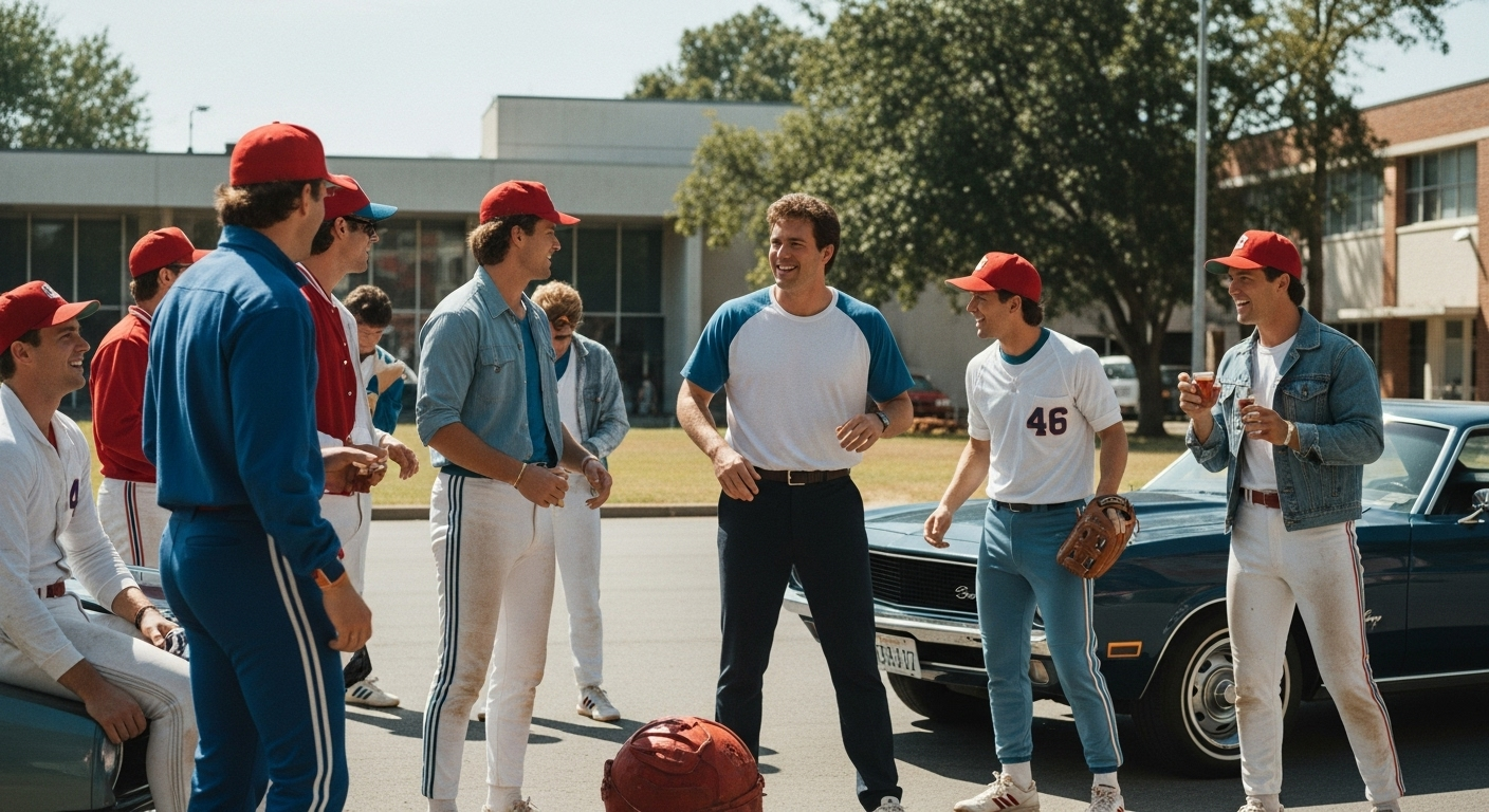 A group of cheerful 80s college baseball players hanging out on campus, showcasing the film's nostalgic, party-centric vibe.
