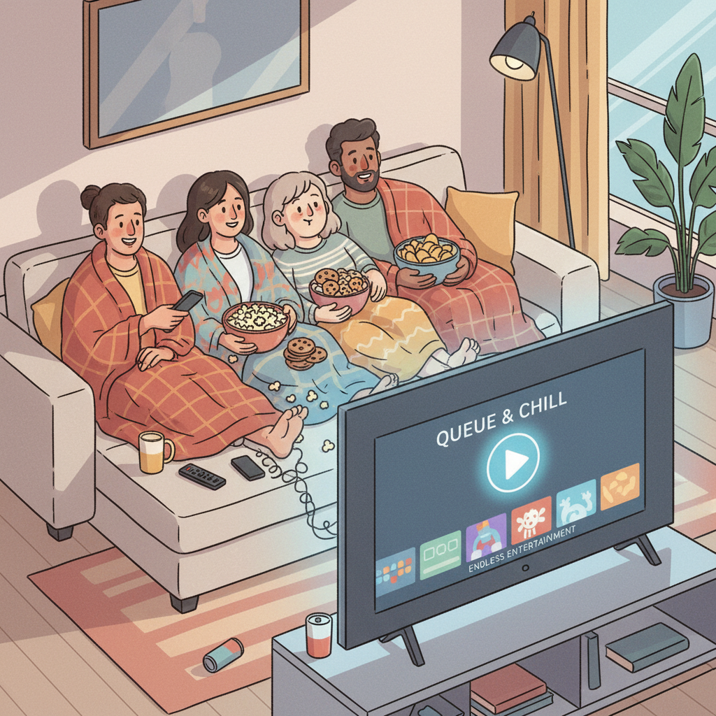 A group of friends comfortably binge-watching TV with snacks and blankets in a cozy living room.