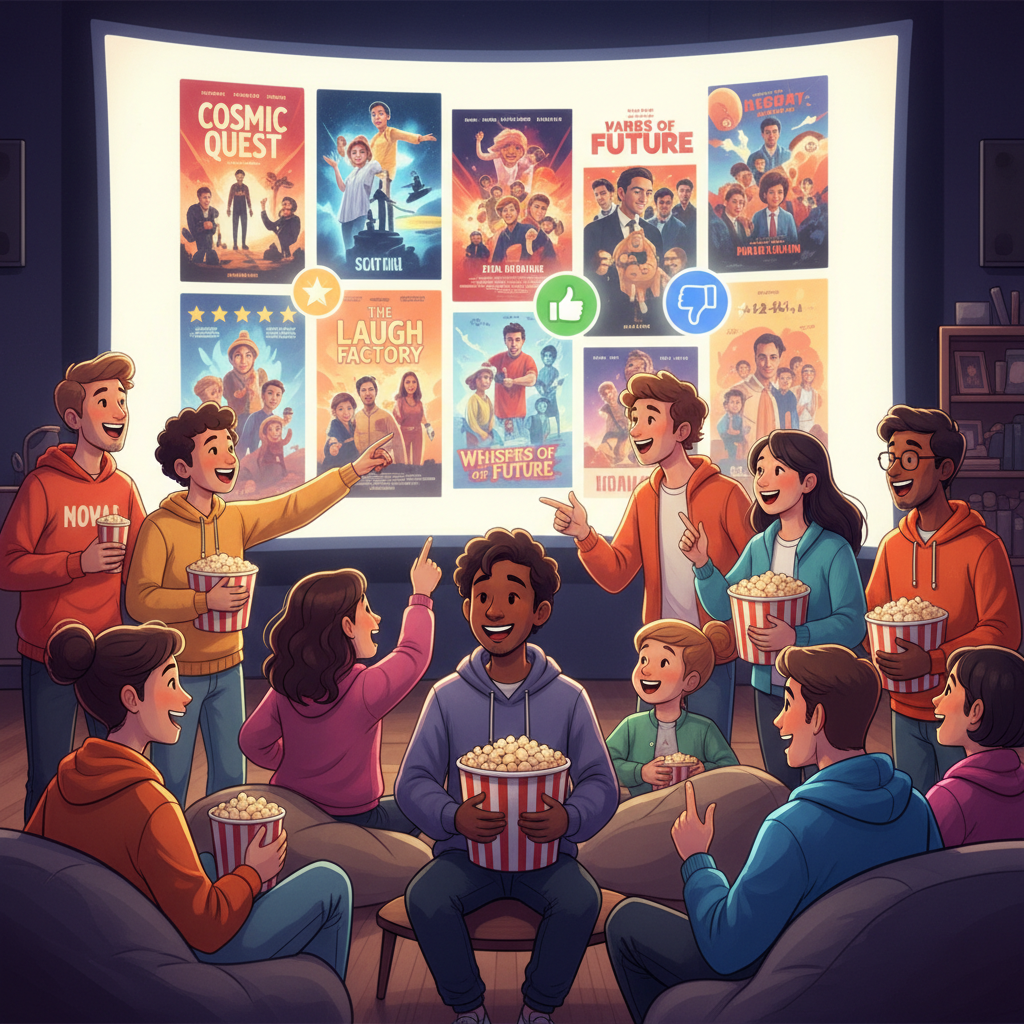 A group of friends enthusiastically discussing movie posters on a screen, with star ratings subtly visible, highlighting the benefit of movie guides.