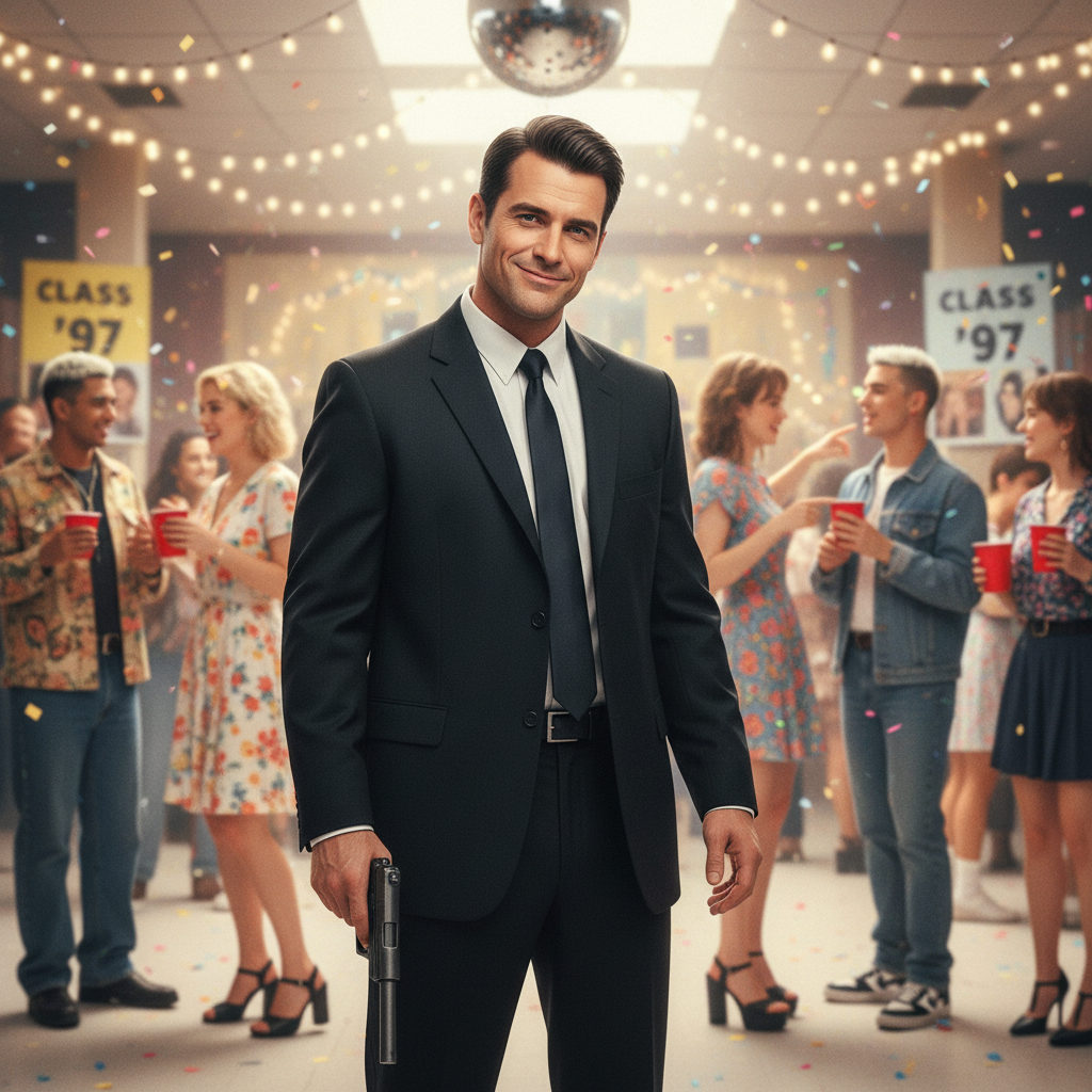 A hitman in a suit, holding a pistol, looking out of place at a brightly lit high school reunion.