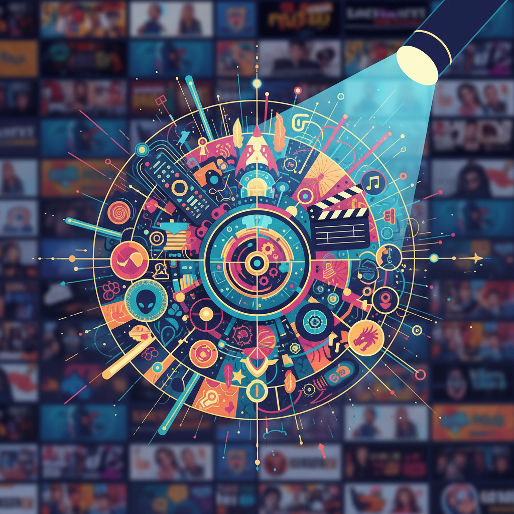 A magnifying glass intensely focused on a vibrant collage of abstract TV show elements, symbolizing deep analysis.