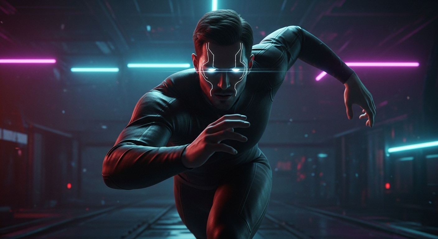 A man with glowing cybernetic enhancements, depicted in a dynamic action pose against a dark, futuristic backdrop.