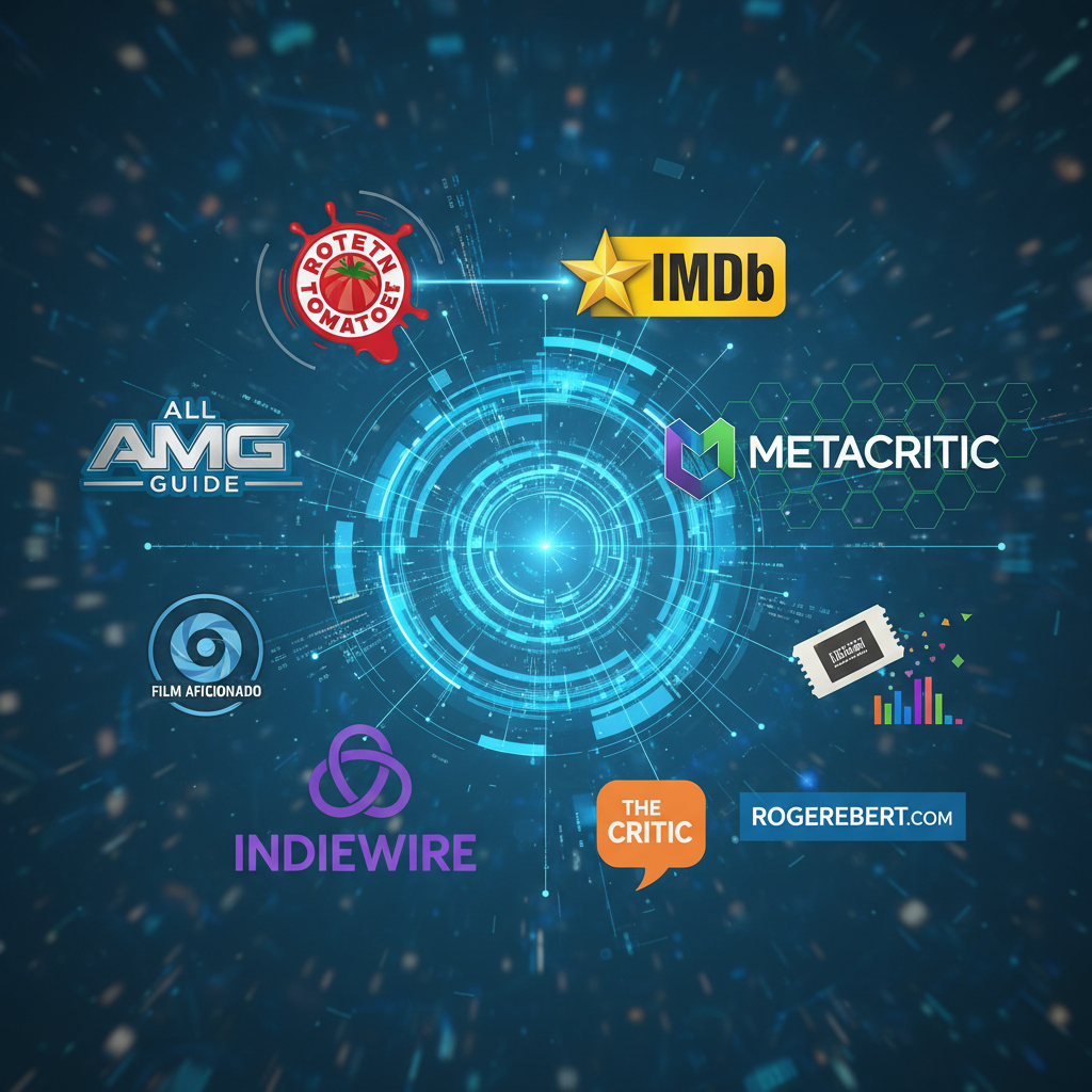 A modern digital art representation showing the interconnected logos of ten popular movie review websites.