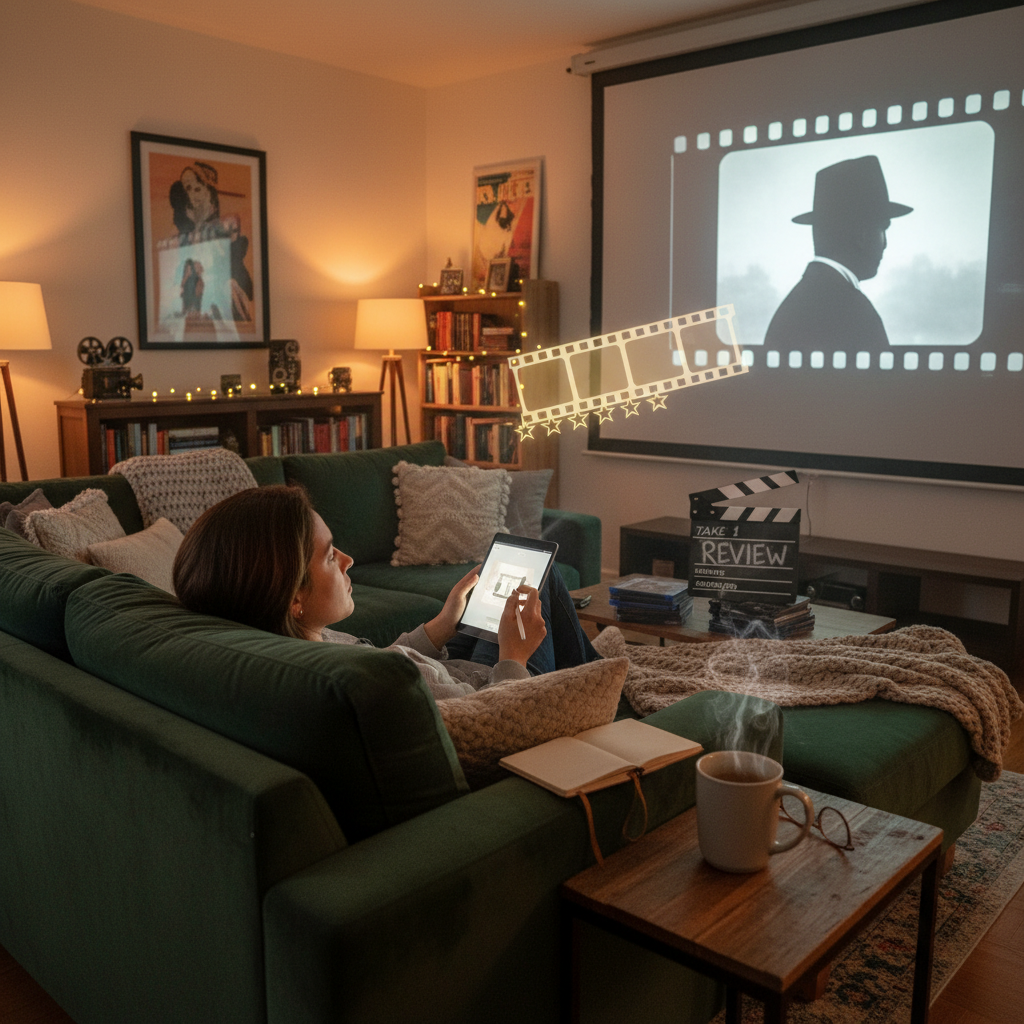 A person on a comfortable couch thoughtfully watching a movie, with subtle visual elements of film criticism like a clapperboard and star ratings.