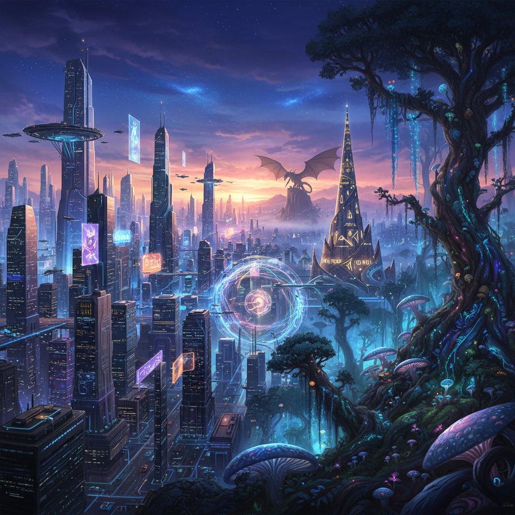 A stunning panoramic image combining a futuristic city with flying vehicles and a magical forest with bioluminescent plants and a distant dragon, symbolizing sci-fi and fantasy genres.