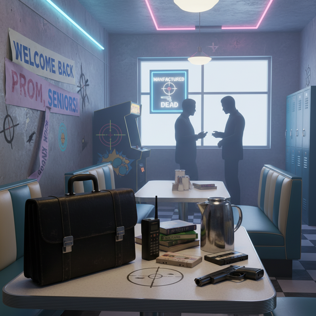 A stylized image blending hitman elements with 90s high school and suburban nostalgia, representing a cult classic film's unique tone.