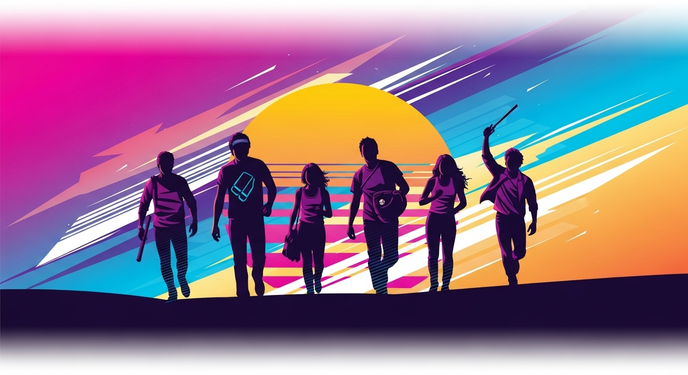 A vibrant, retro vector illustration depicting stylized, silhouetted young adults in energetic poses, set against a neon-hued 80s sunset, embodying youthful freedom and the excitement of new beginnings. One figure subtly holds a baseball bat.