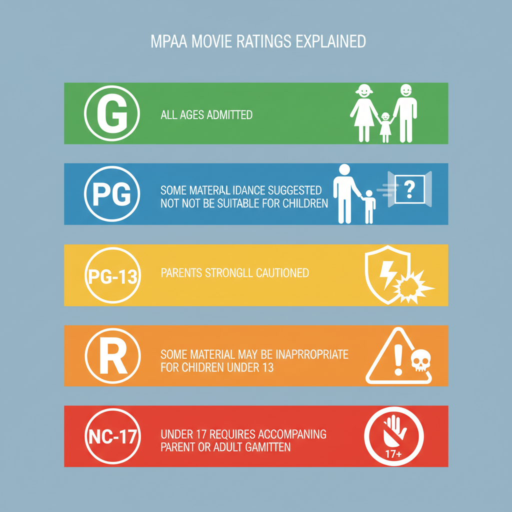 An infographic illustrating the five main MPAA movie ratings (G, PG, PG-13, R, NC-17) with representative icons for each.