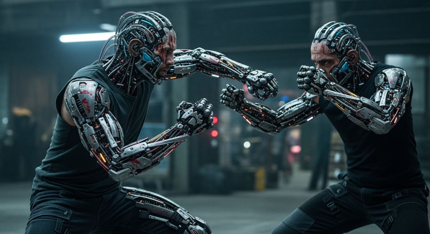 An intense, stylized sci-fi action scene showing a man mid-fight, demonstrating enhanced, precise movements.