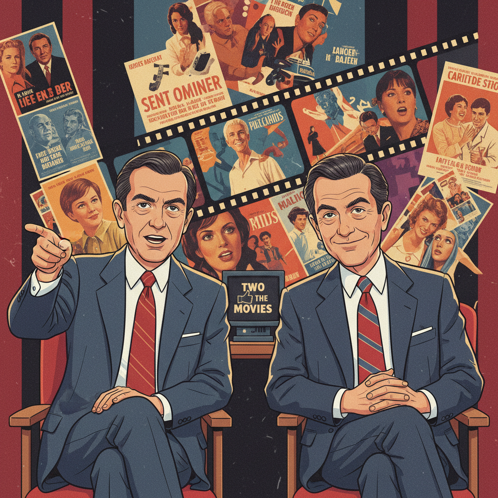 Iconic film critics Gene Siskel and Roger Ebert debating on their TV show set.