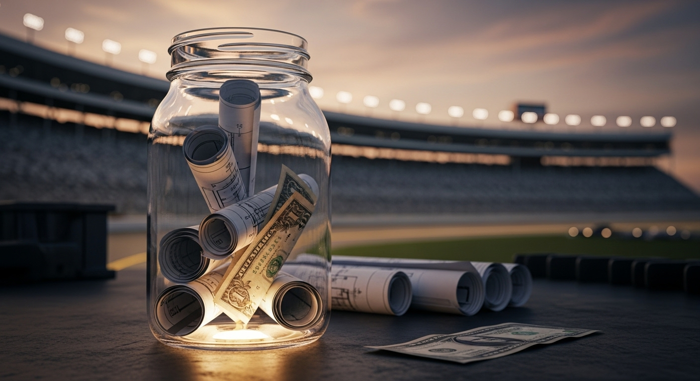 Stylized illustration of a glowing mason jar holding rolled blueprints and money, resting on a workbench with a blurred NASCAR track in the background, representing a clever, blue-collar heist.