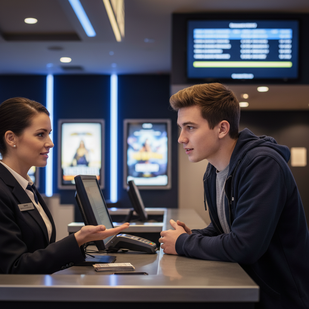 A 17-year-old boy speaking with a movie theater ticket agent at the counter.