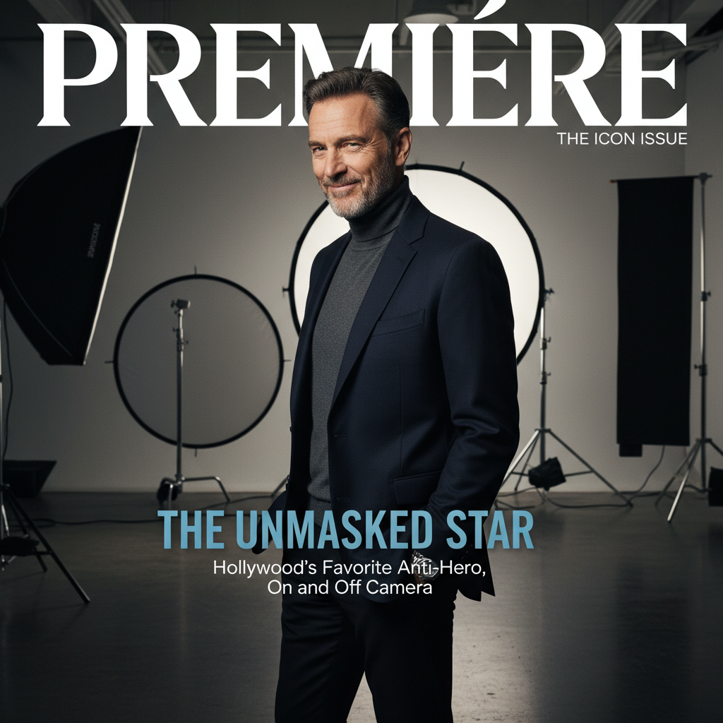 A charismatic male actor with an intense and humorous expression, captured in a professional studio photoshoot, reflecting the meta-comedy of The Unbearable Weight of Massive Talent.