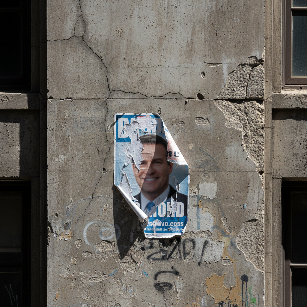 A close-up of a weathered, cracked concrete building facade in a city, with a partially torn political poster, symbolizing urban decay and corruption.