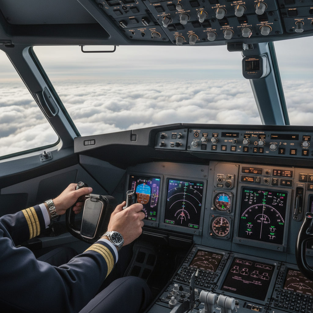 A close-up, photorealistic image of a pilot's hands on the controls in a modern airplane cockpit, conveying a sense of intense focus.