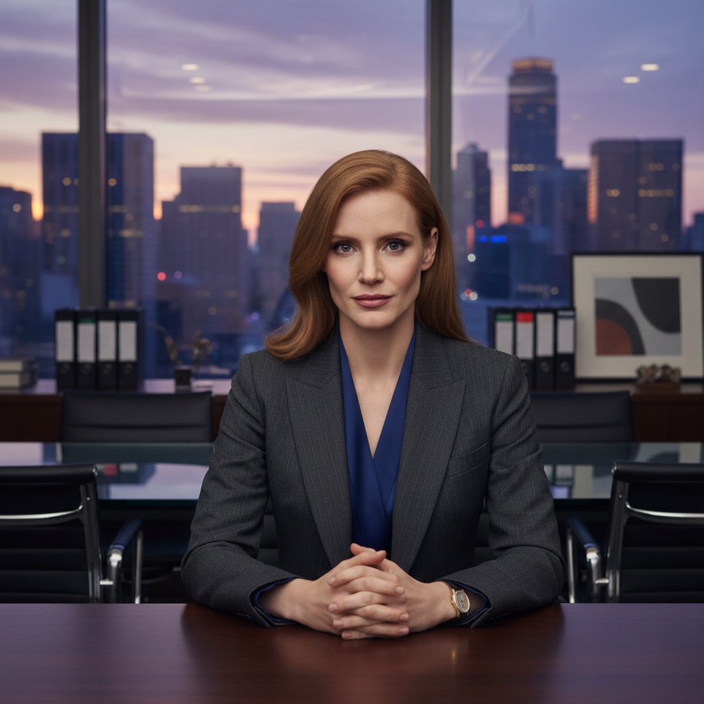 A commanding woman in professional business attire, resembling Jessica Chastain as Elizabeth Sloane, in a modern corporate office, embodying strategic power.