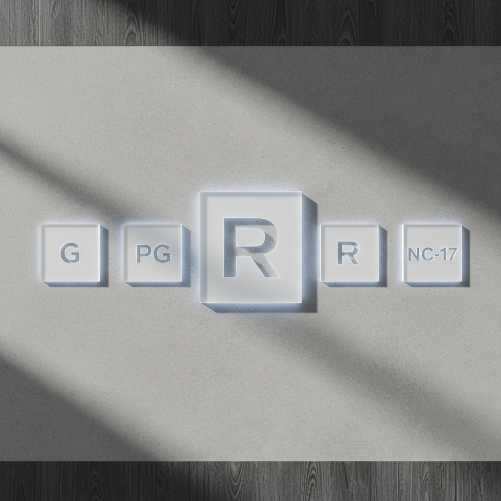 A comparison display of five movie rating symbols: G, PG, PG-13, R, and NC-17, laid out neatly.