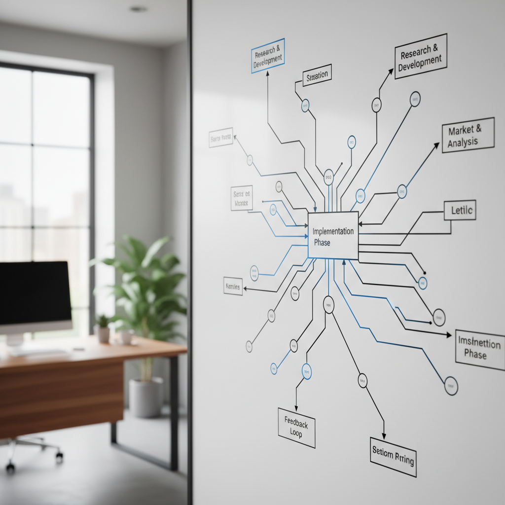 A complex network of lines and nodes resembling a detailed flowchart or mind map.