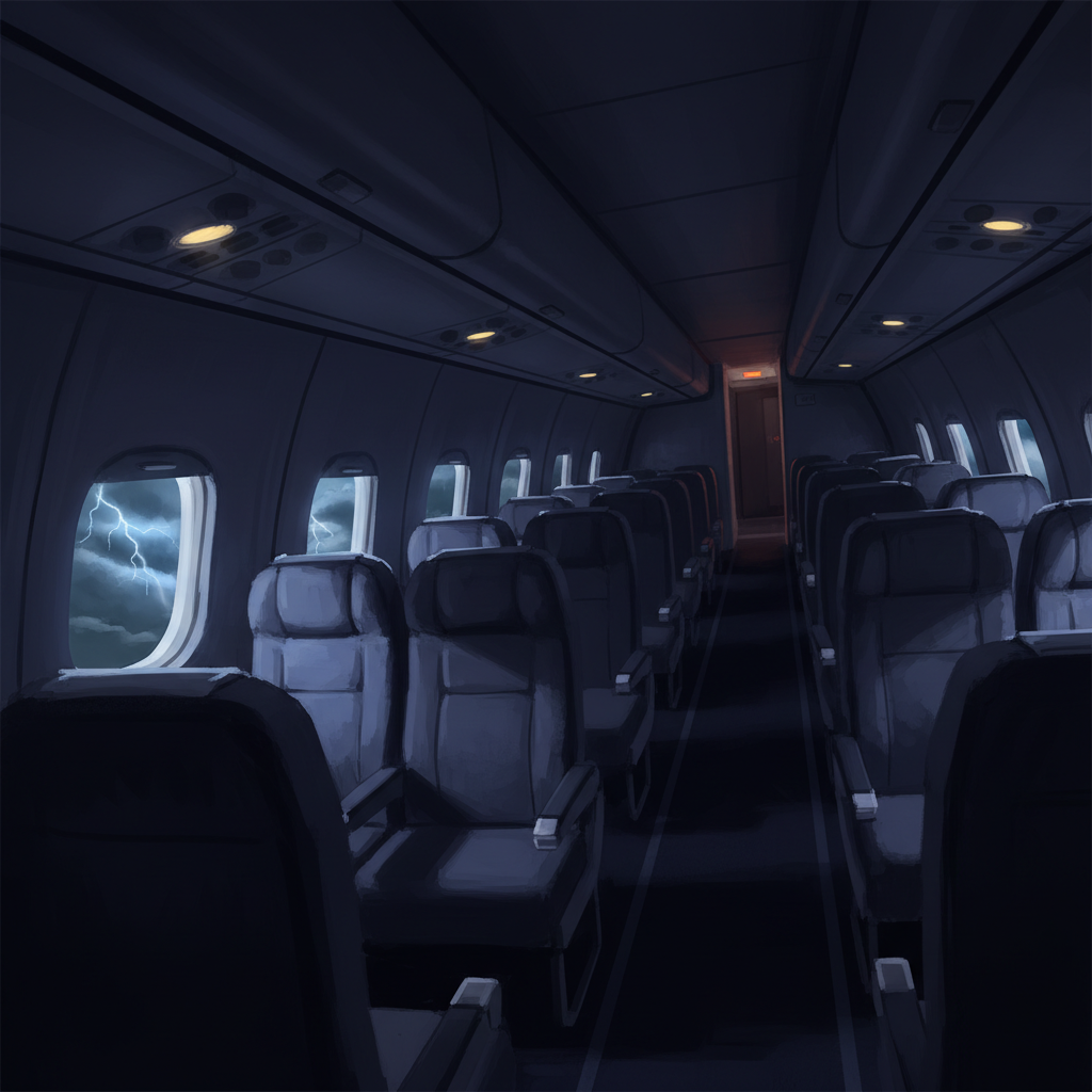 A conceptual digital painting showing a dimly lit and mysteriously empty airplane cabin at night, with a stormy, lightning-filled sky visible through the window, conveying the suspenseful, high-stakes atmosphere of a mid-air thriller.