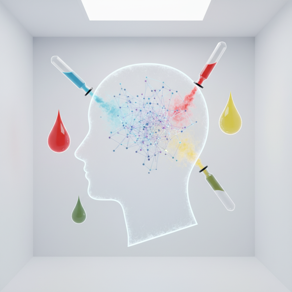 A conceptual illustration showing a translucent human head silhouette with a glowing neural network inside, surrounded by colorful, glowing chemical vials subtly altering the brain's colors. The setting is sterile and futuristic, symbolizing mind-altering drug experiments from the Netflix movie Spiderhead.