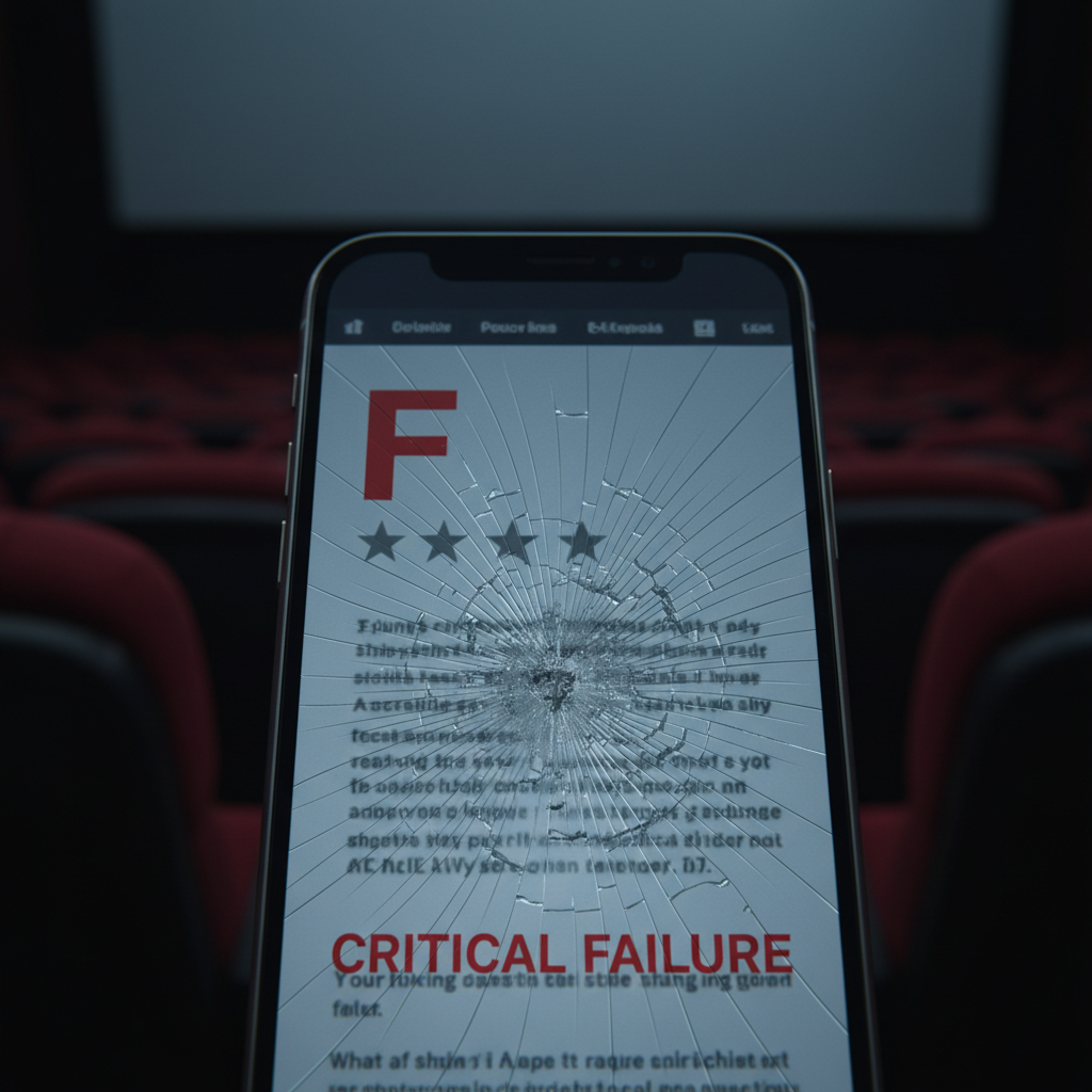 A cracked smartphone screen showing a negative movie review, symbolizing the film's poor reception.