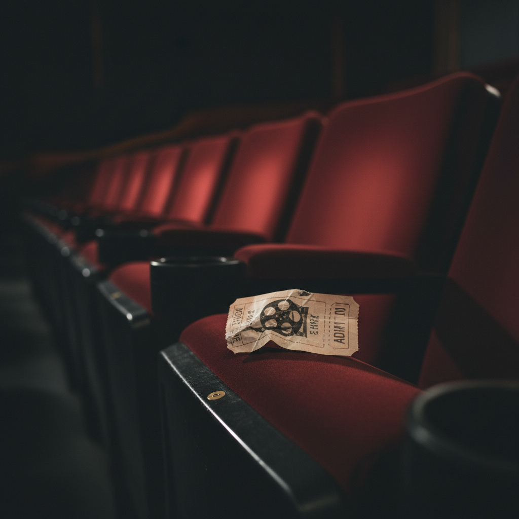 A crumpled movie ticket rests on an empty cinema seat, symbolizing a box office flop.