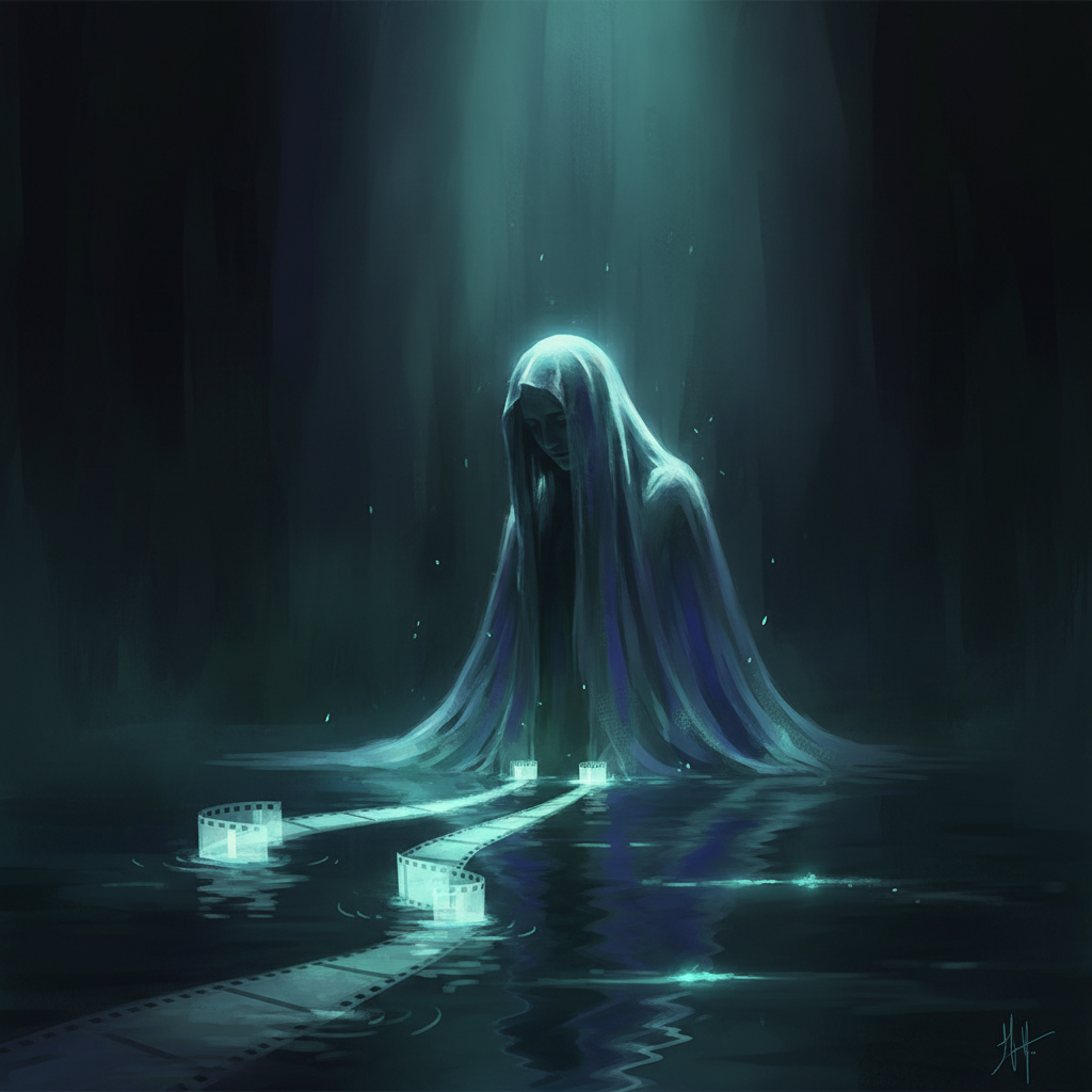A dark, conceptual illustration of a spectral, veiled figure in water, with two glowing paths symbolizing the different La Llorona movie adaptations.