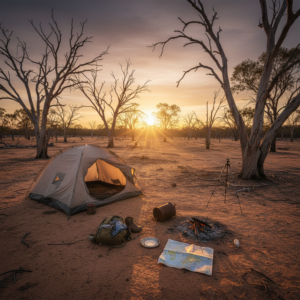 A desolate Australian bush landscape at dusk, with an abandoned campsite, evoking a sense of dread and isolation.