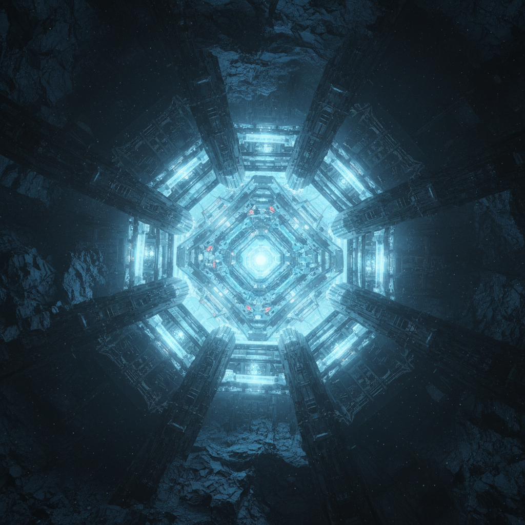 A detailed, photorealistic image of an intricate, glowing blue core within a dark, cavernous space, symbolizing a complex sci-fi mystery or revelation.
