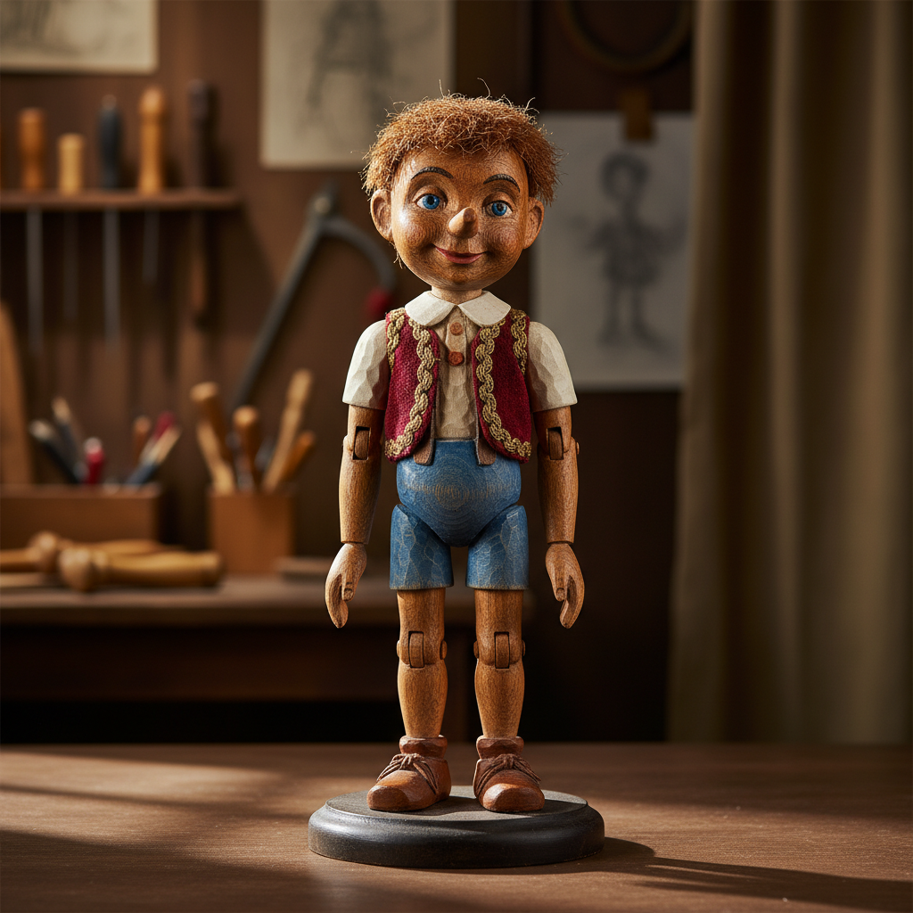 A detailed, photorealistic wooden puppet, like Pinocchio, standing on a dark polished wooden surface with dramatic lighting.