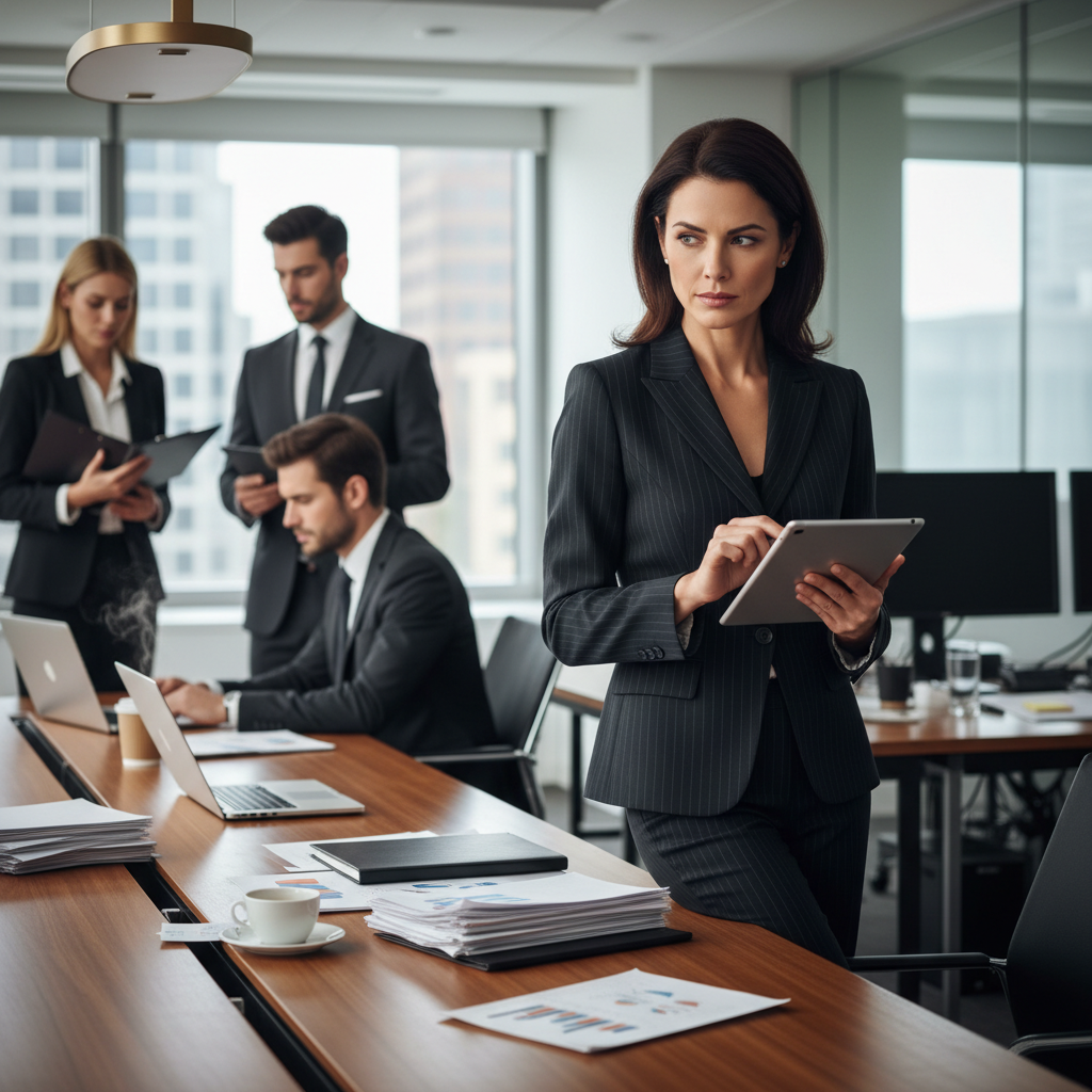 A determined female lobbyist in a modern, high-stakes corporate office, strategizing intently over a conference table.