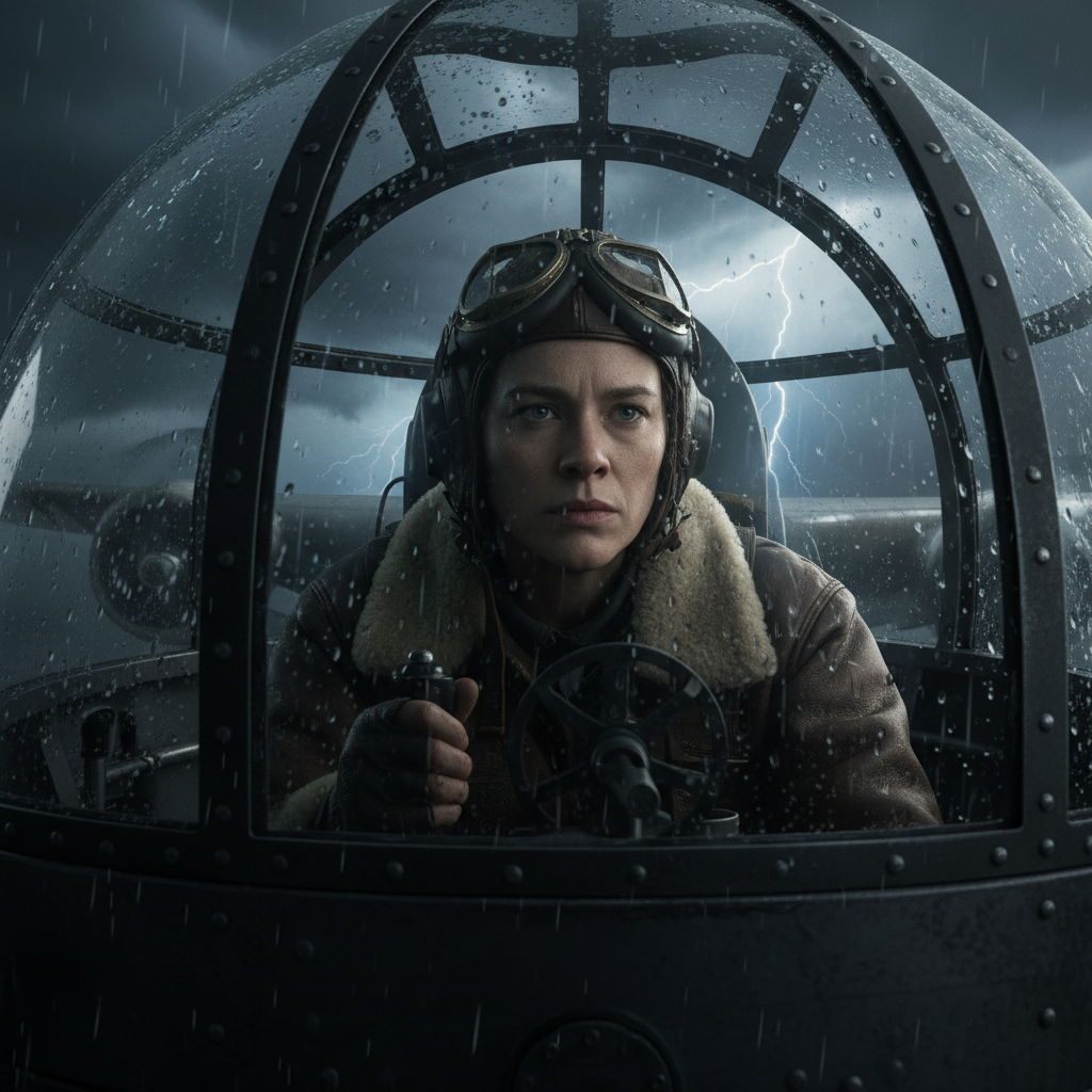 A determined female pilot in a B-17 bomber turret, looking out into a storm with rain and lightning.