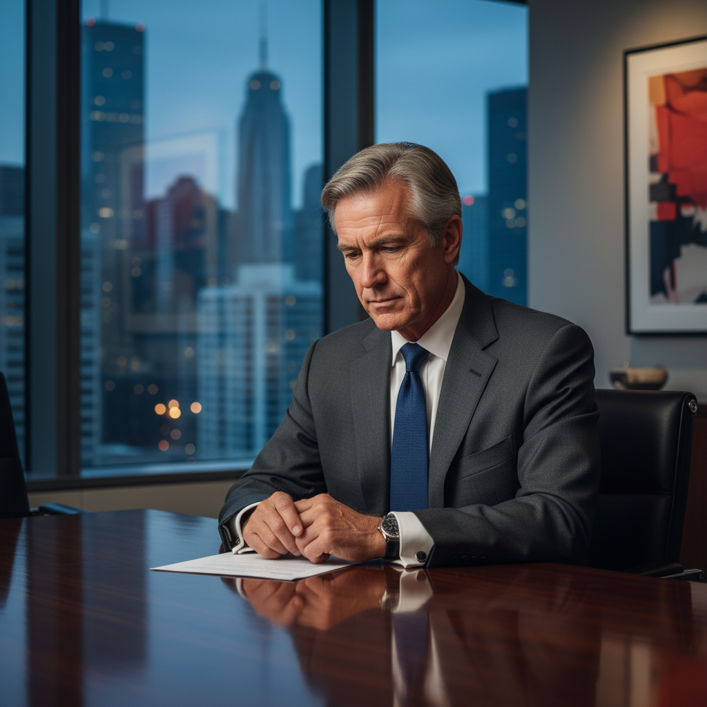 A distinguished businessman in a suit, looking thoughtfully tense in a high-rise corporate office, capturing the high-stakes theme of Arbitrage.