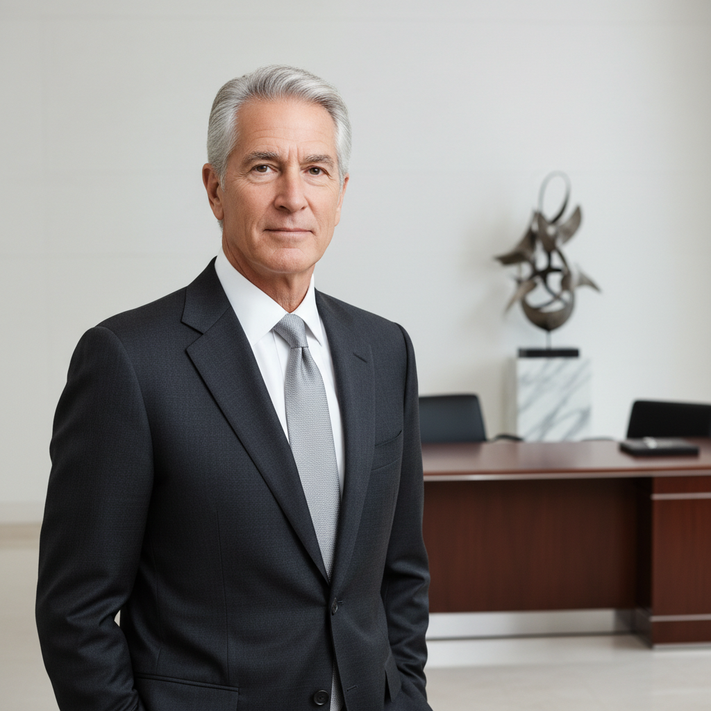 A distinguished silver-haired businessman in a dark suit stands confidently in a modern corporate lobby.