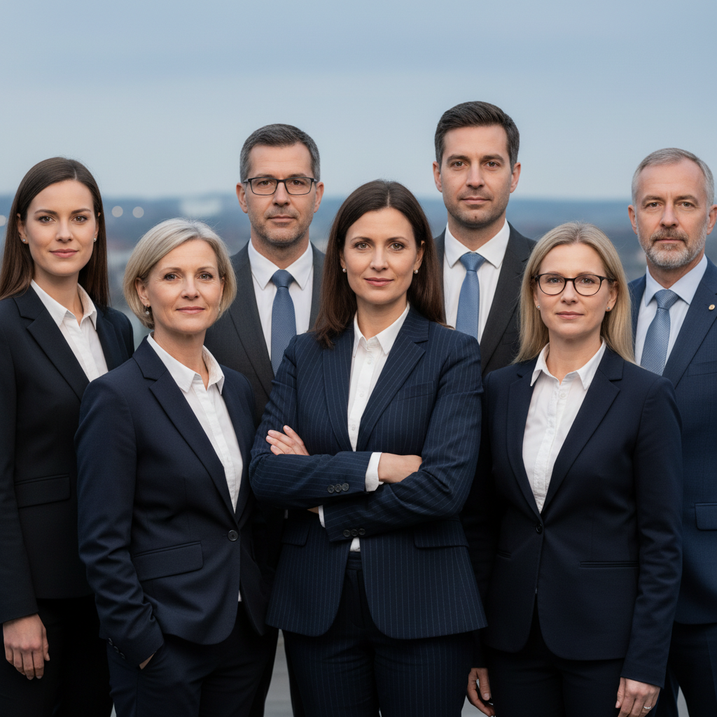 A diverse and confident group of seven professionals in stylish attire, standing shoulder-to-shoulder against a blurred city backdrop.
