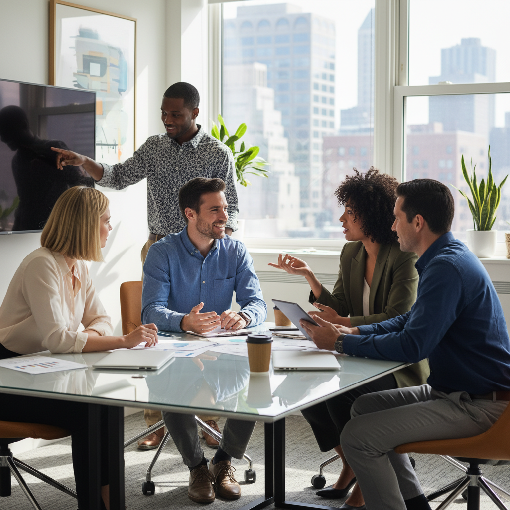 A diverse group of business professionals collaborating in a modern office environment.