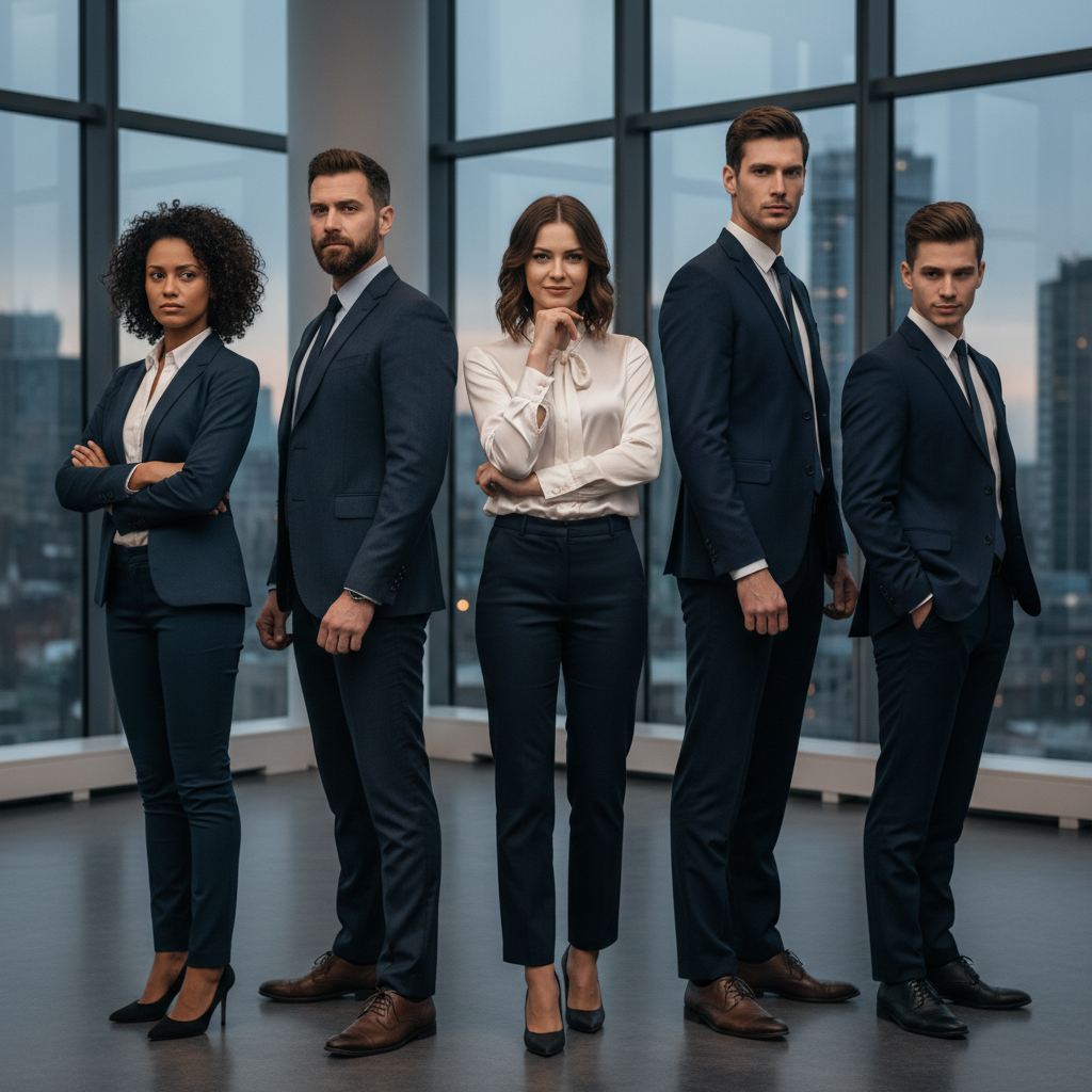 A diverse group of five serious-looking professionals in a modern business setting, representing an all-star cast.