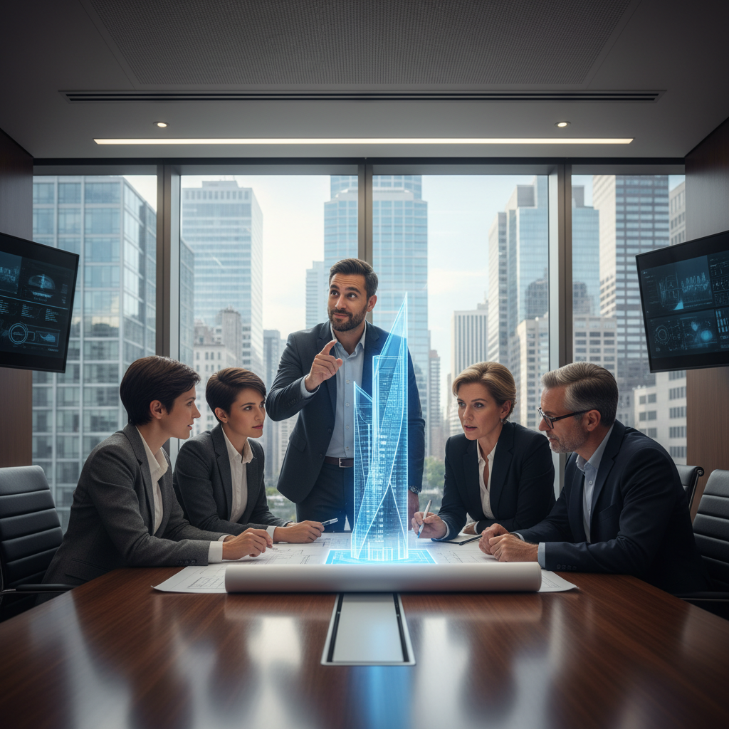A diverse group of people in a modern office examining a detailed blueprint of a skyscraper, suggesting a high-stakes plan or heist.