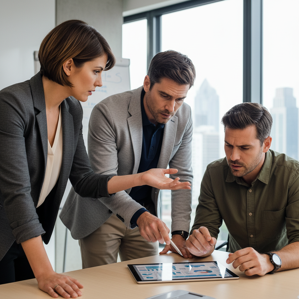 A diverse group of professionals discussing content on a tablet in a modern office, representing critical evaluation of entertainment.