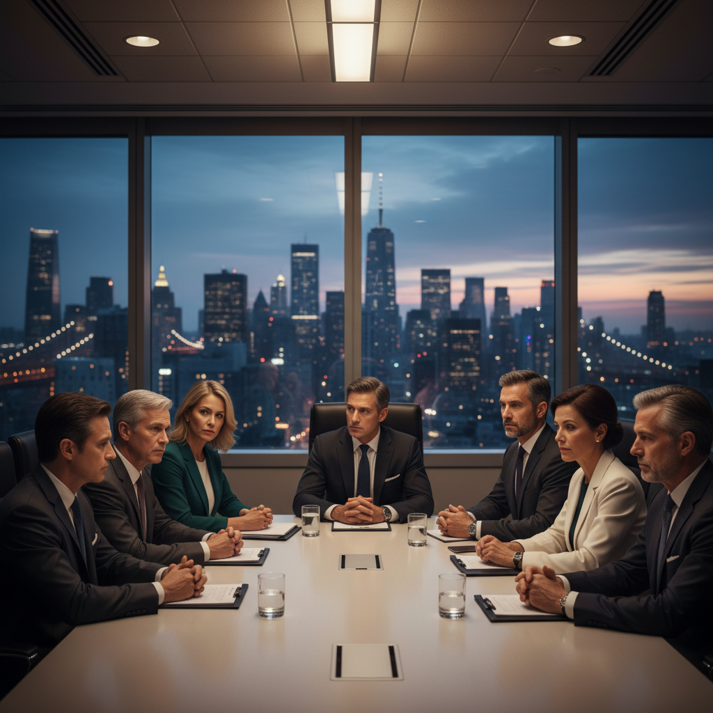 A diverse group of serious business executives in a high-rise boardroom overlooking the New York City skyline, conveying political intrigue and corporate power.